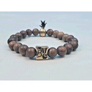 Boho Pinapple  Charm Stretch Bracelet Wooden Beads Letter B Peace Sign Hand